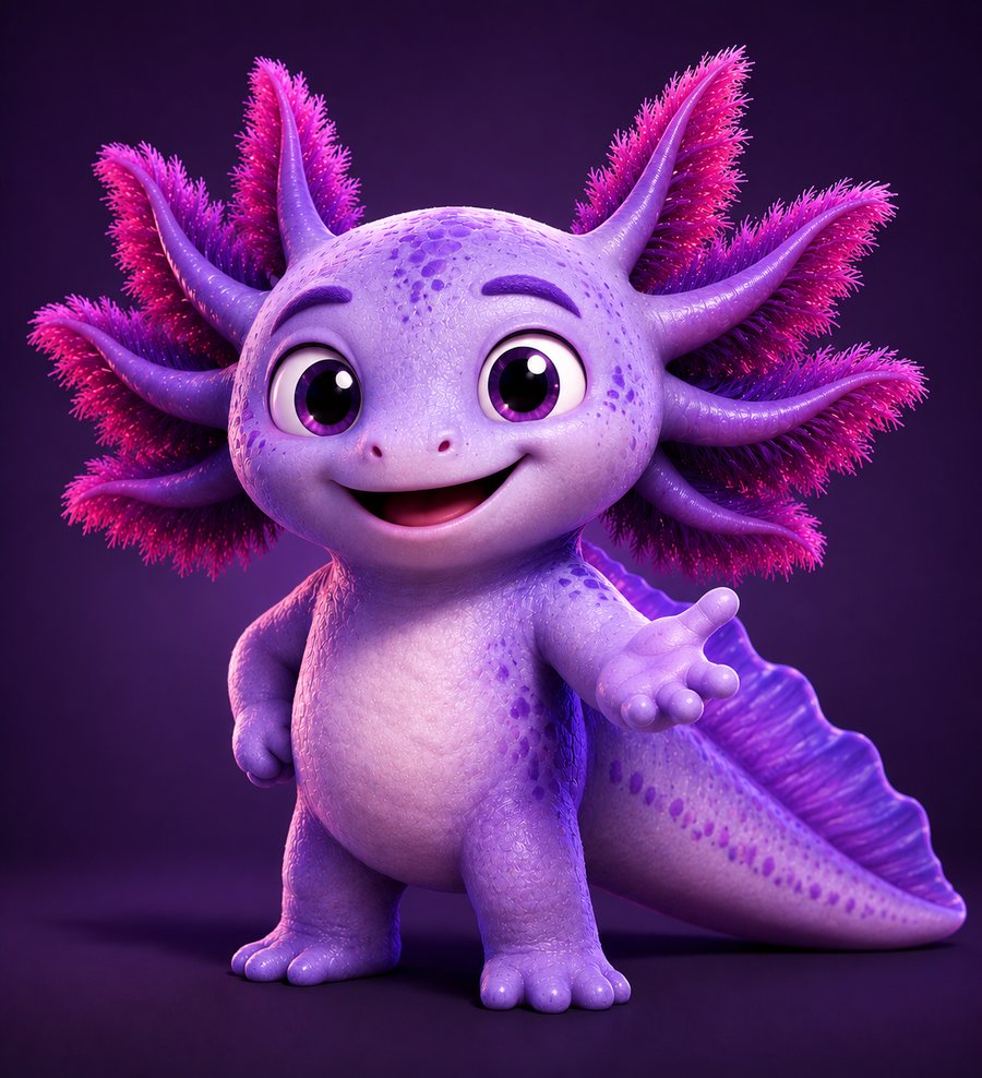Motty the axolotl waving, happy to meet you